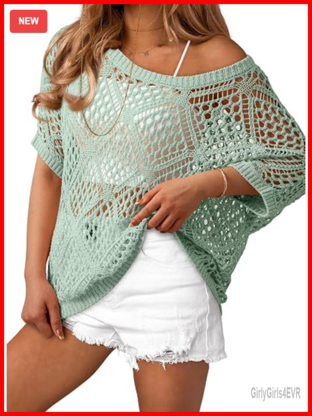Crochet Cover Up Top Short Sleeve Off Shoulder Sweater Beach Swimsuit Coverup